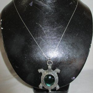 Silver Tone Necklace w/ Green Cabochon Turtle